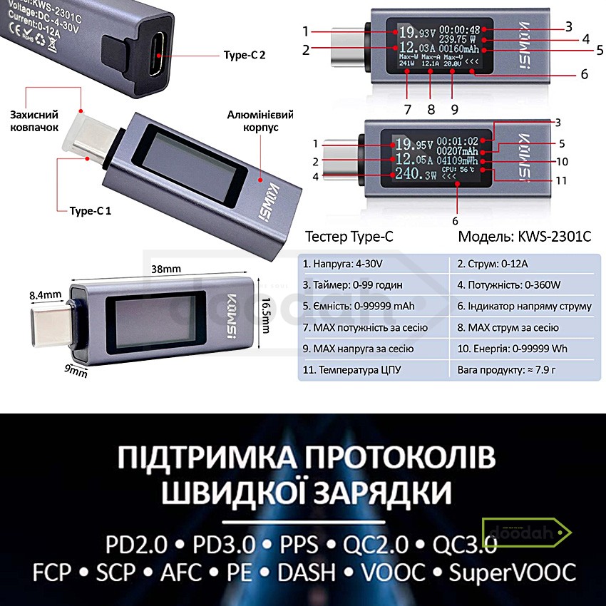 Тестер USB Type-C / 240W / 4-30V / QC3.0 / 12А - KOWSI KWS-2301C