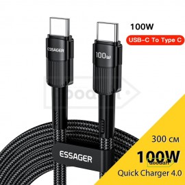 Кабель Type-C - Type-C Essager 20V, 5A 100W, Black - Fast Charge, 300 см (для заряджання та передачі даних) Кабель Type-C - Type-C Essager 20V, 5A 100W, Black - Fast Charge, 300 см (для заряджання та передачі даних)
